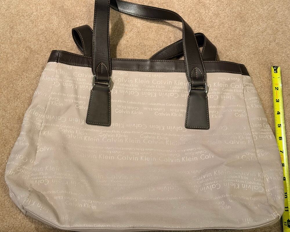 Calvin Klein Signature Logo Tote Bag Beige Brown Canvas Shoulder Handbag Large